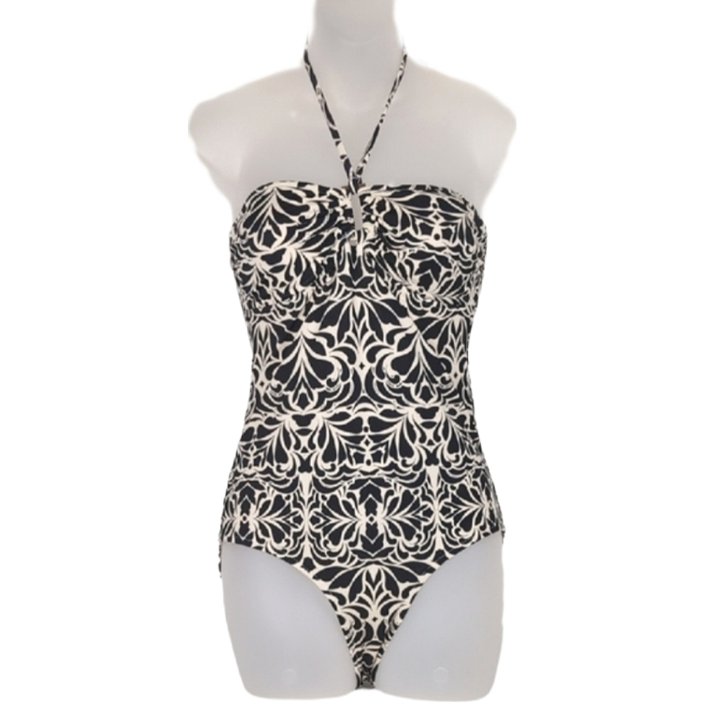 Joe Fresh One Piece Swimsuit Halter Neck Damask Womens Small Black Beige Bustier